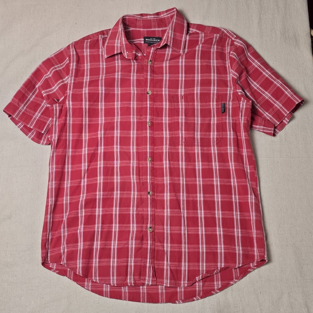 Woolrich Button Down Shirt Men's Medium Red Plaid Cotton Short Sleeve Casual Top